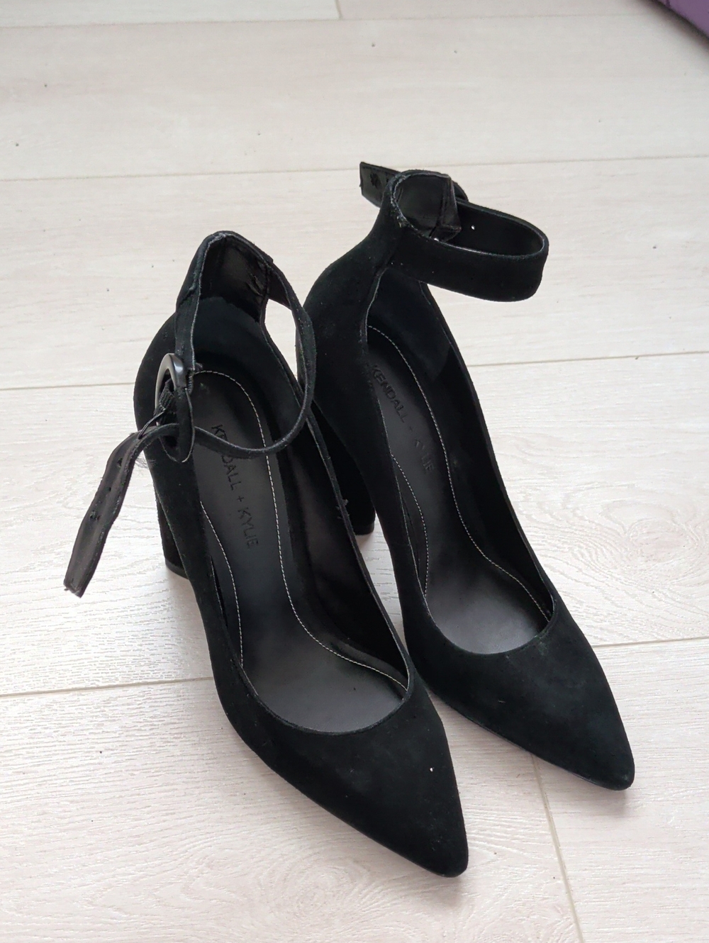 Kendall & Kylie Black Suede Pointed-Toe Ankle-Strap Block Heels